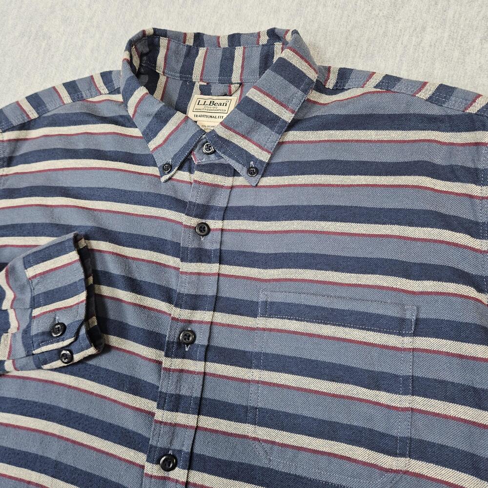 L.L.Bean Shirt Mens L Blue Stripe Flannel Traditional Fit Button Down Stretch